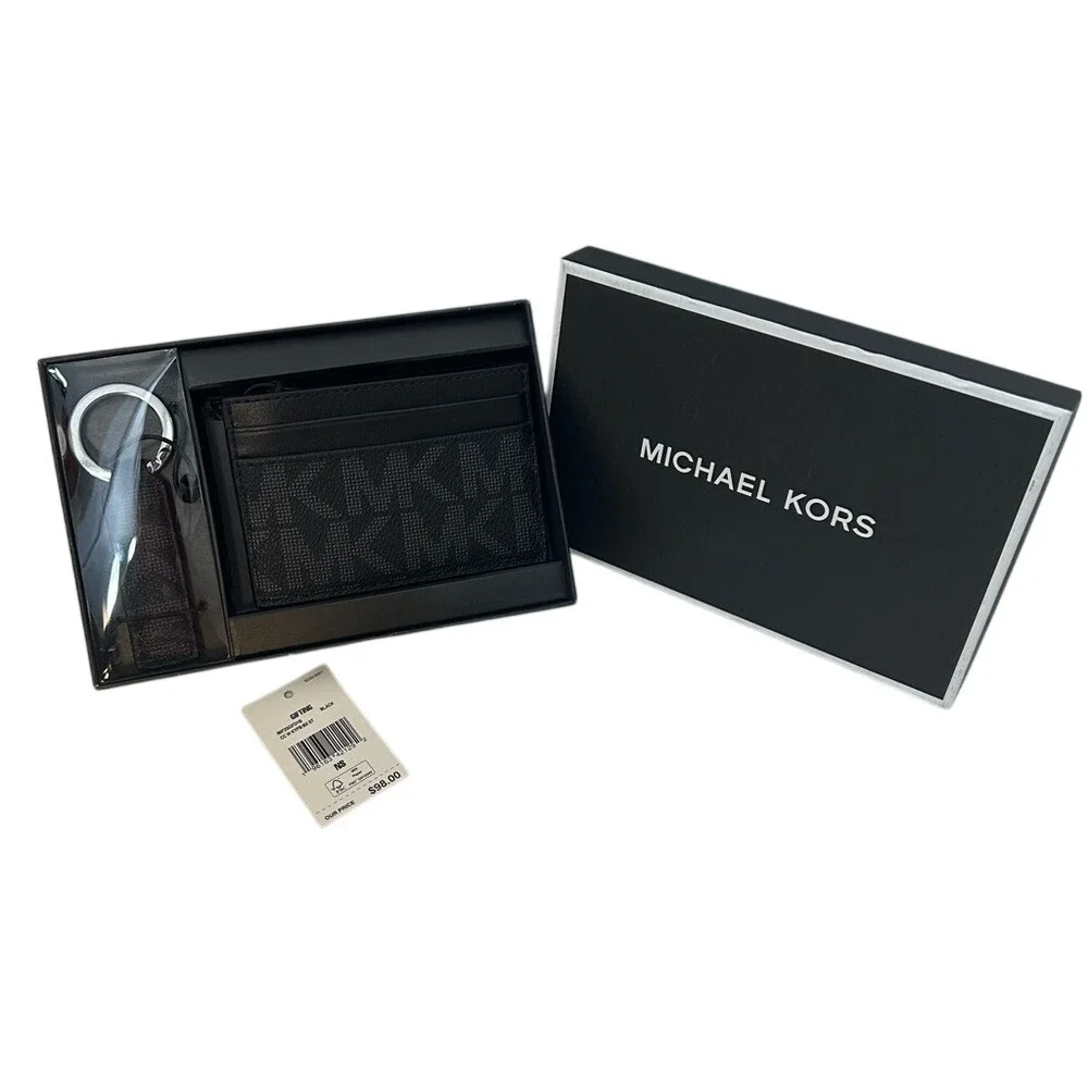 Michael Kors Mens Card Case and Keychain‎ Gift Set Black Signature